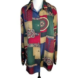 Vtg 90s BonWorth Womens XL Patchwork Blouse Shirt RN 50132 100% Poly Pit 25 L 30